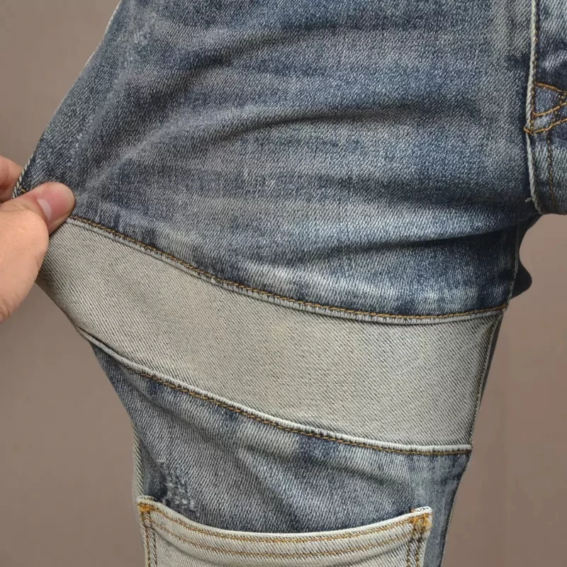 Streetwear Fashion Men Jeans Retro Blue Stretch Slim Fit Spliced Designer Ripped Jeans Men Patched Pocket Hip Hop Pants Hombre