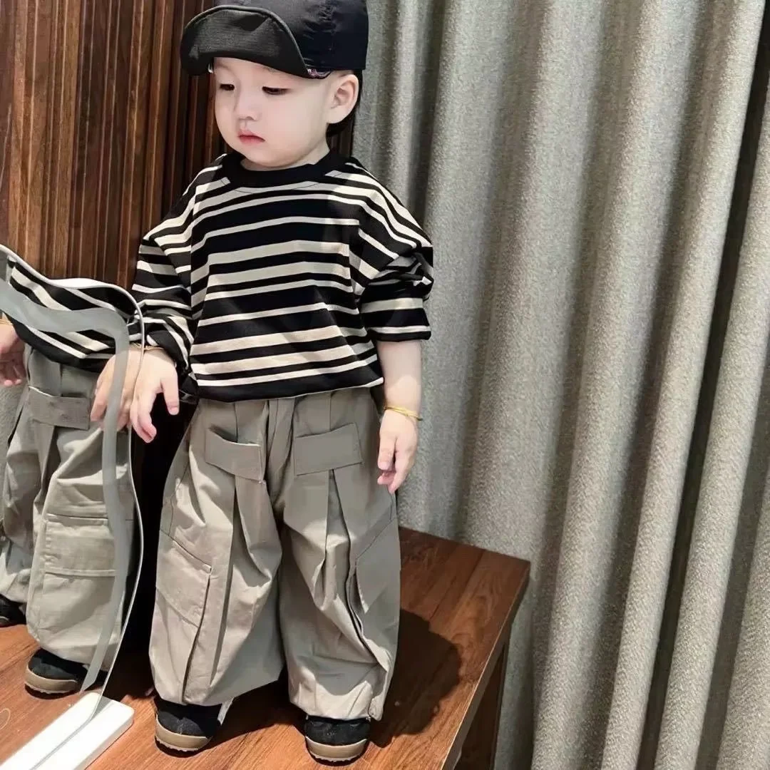 Boys Autumn Clothing Sets 2026 New Arrival Striped T-shirt and Cargo Pants Suit 2 Piece Kids Toddler Casual Fashion Outfit