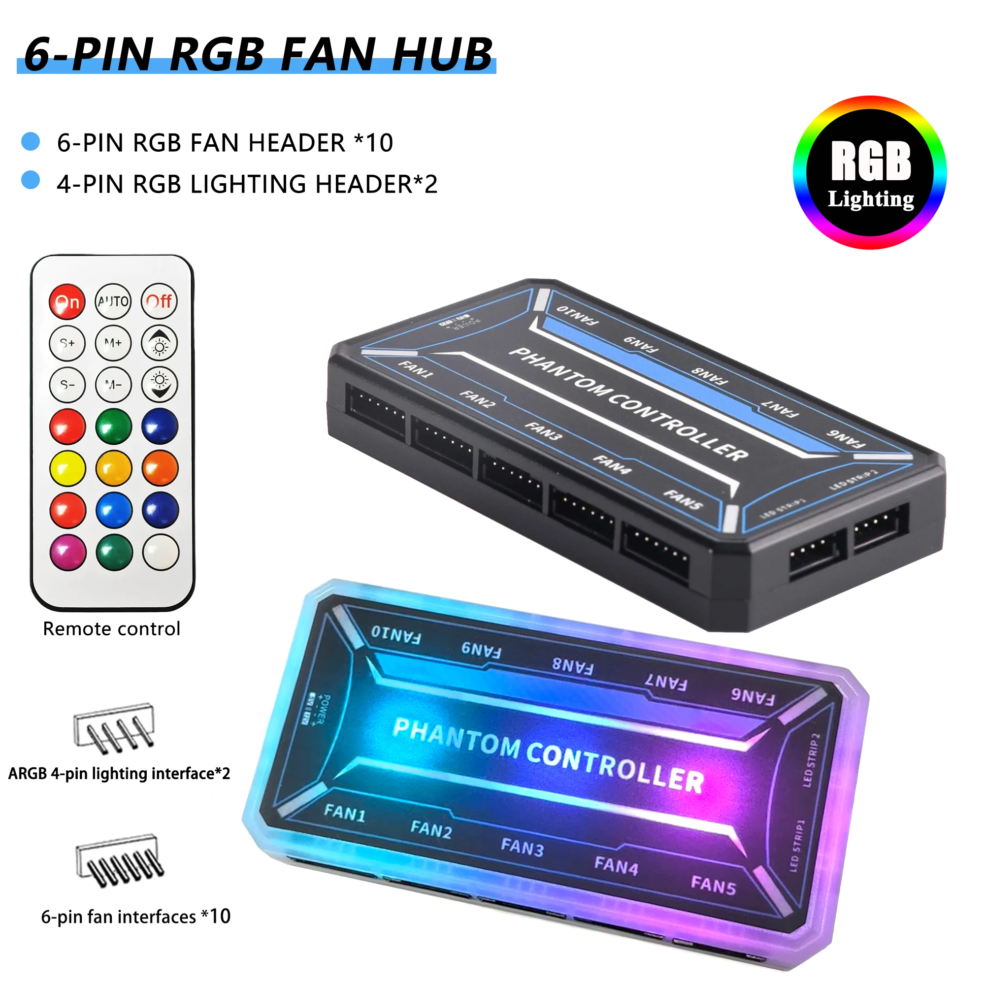 Controller 10 Ports 6Pin RGB Fan Hub With Remote Control 2 Channel 4Pin RGB LED Strip Lighting Controller For PC Case Fans