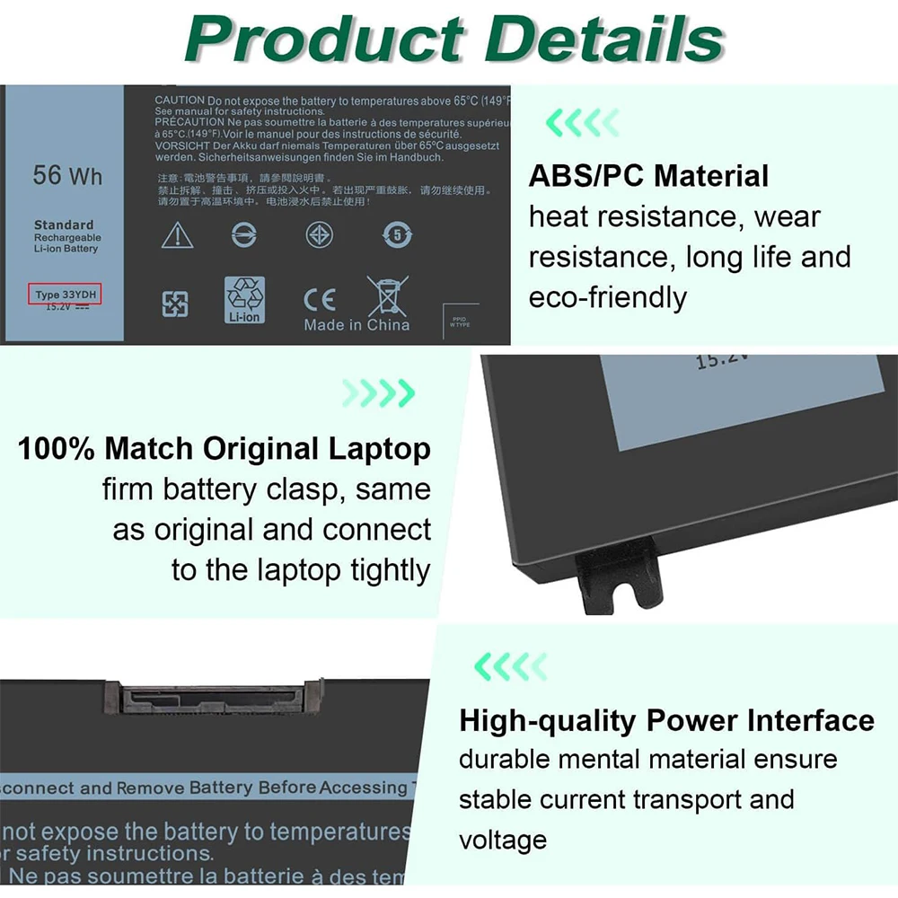 56WH 33YDH Laptop Battery for Dell Inspiron 17 7000 7778 7779 7786 7773 15 7577 G3 3579 3779 G5 5587 G7 7588 Latitude 13 3380 view 3