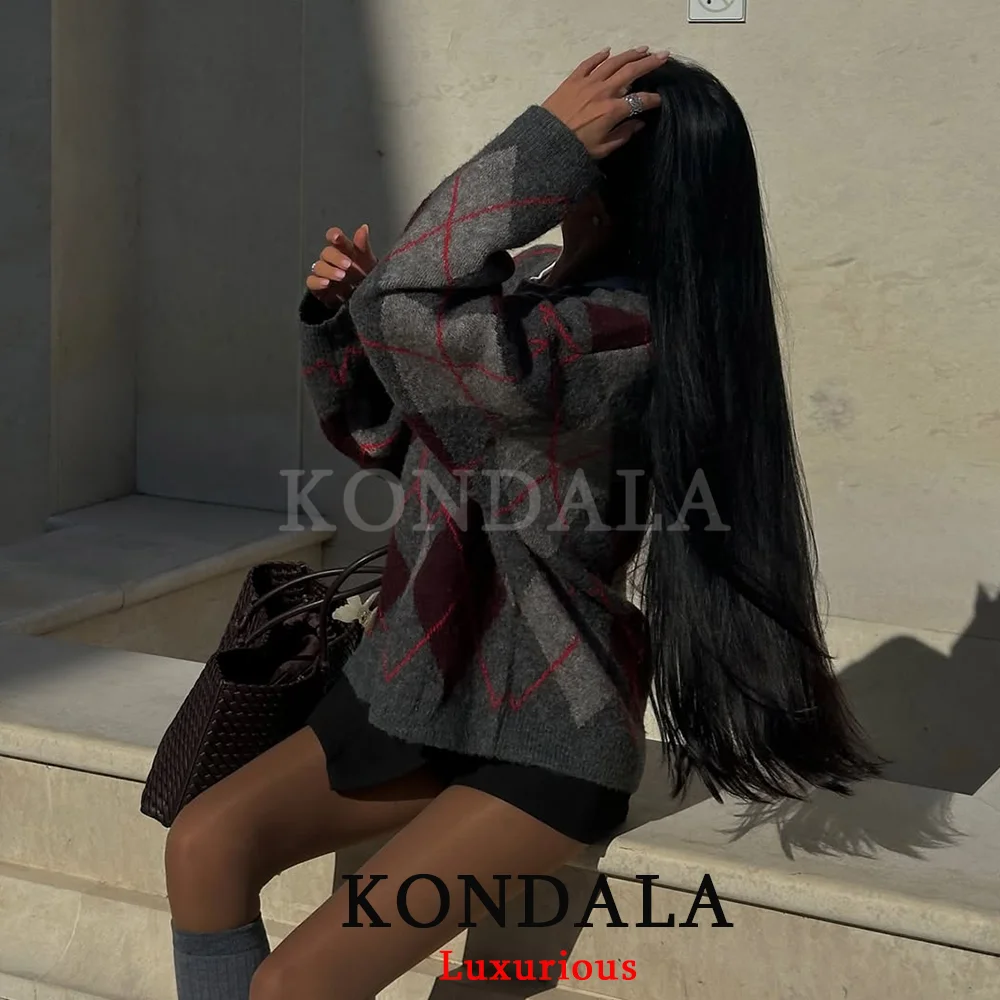 KONDALA Casual Plaid Stricken Frauen Pullover O Hals Langarm Lose Tops Mode 2026 Frühling Streetwear Warme Weiche Mädchen Tops