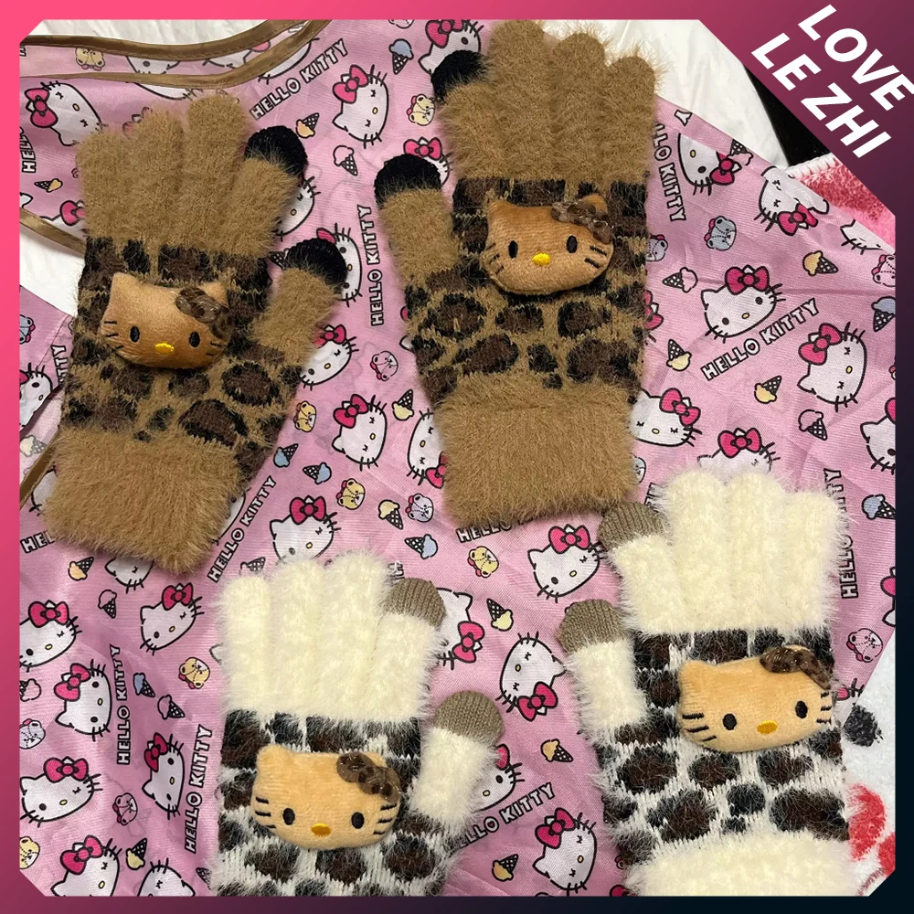 

Sanrio Hello Kitty Leopard Pattern Series Plush Gloves Can Touchable Screen Girl Winter Cycling Wind Proof Cold Proof Warm Glove