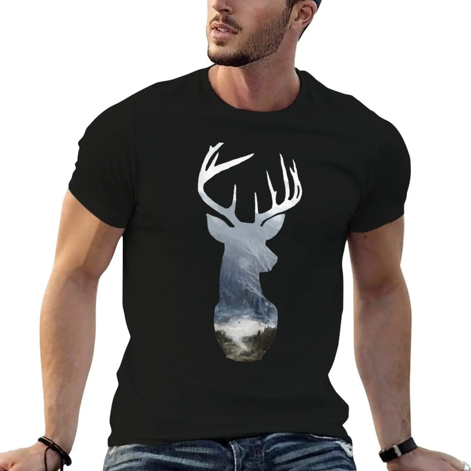 

Scene 100% in t Misty cotton River shirt men t shirts for Forest Deer Wild cotton Silhouette T-Shirt man