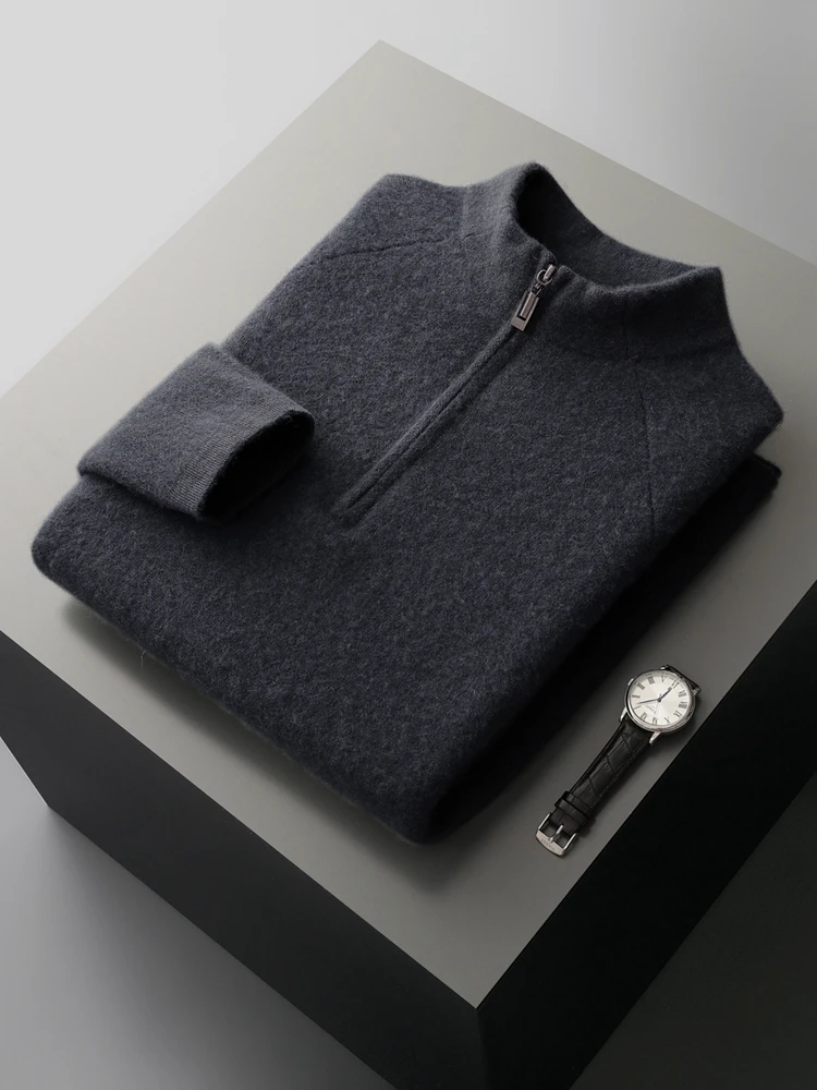 New Men's 100% Goat Cashmere Sweater Mock Collar Half Zipper Pullover Autumn Winter Luxury Knitwear Soft Outdoor Sport Jumper