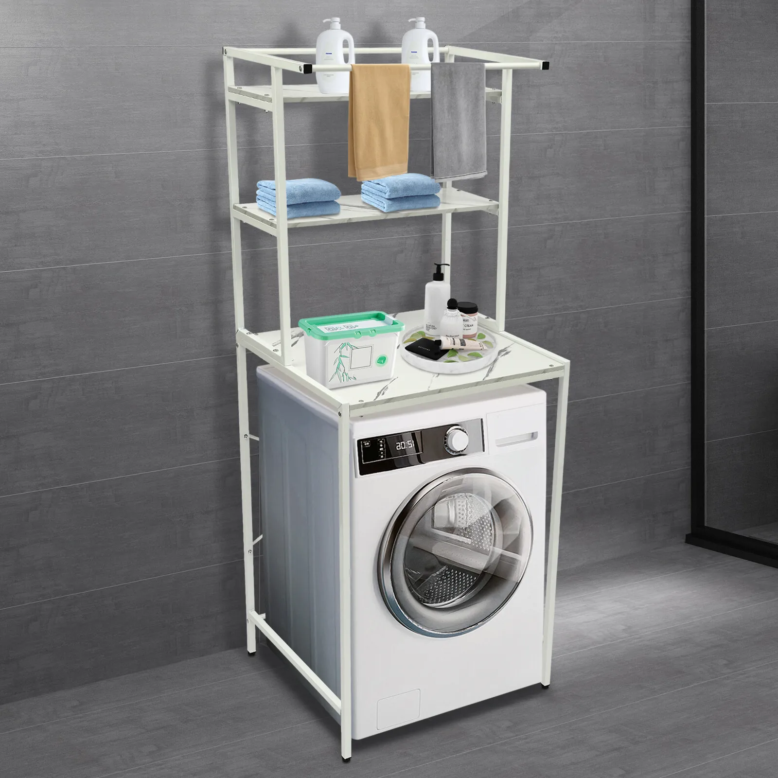 Over The Washer and Dryer Storage Shelf 3-Tier  Bathroom Storage and Organizer Rack for Hanging Towels and Drying Clothes
