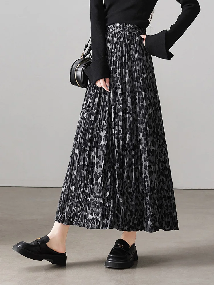 

High Waist A-Line Skirt Leopard Print Pleated Midi Skirt Slimming Umbrella Skirt Versatile Polyester Fiber Casual Ci Commute
