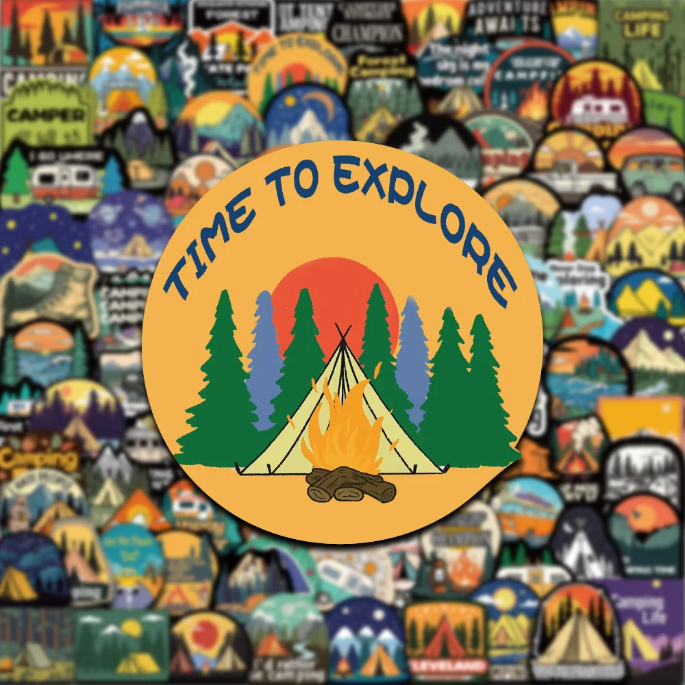 50/100 قطعة الكرتون متعة الرجعية التخييم ملصق جبل عميق النار خيمة على الطرق الوعرة مركبة فن الديكور زجاجة ماء الغيتار الهاتف