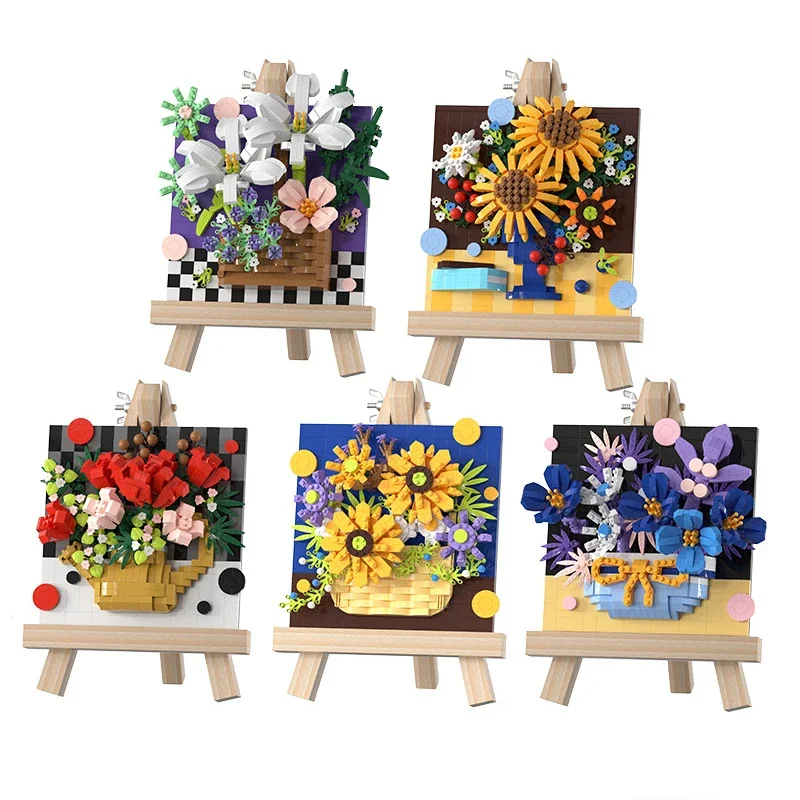 Creative 3D Painting Bouquet Micro Building Blocks Flower Sunflower DIY Art Exhibition Picture Model Mini Bricks Toys For Gift