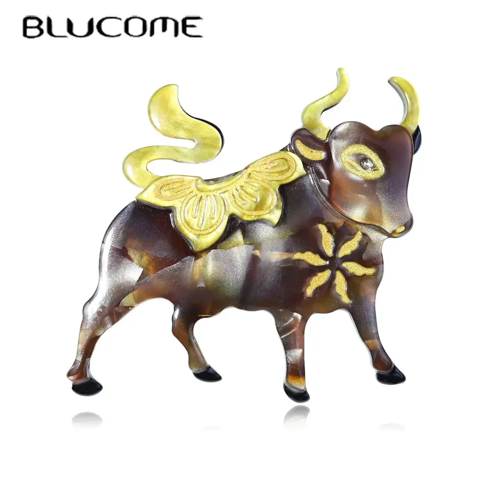 Blucome Handmade Arcylic Flower Cattle Brooches Women Bull Ox Animal New Year Party Brooch Pins Gifts Wholesale