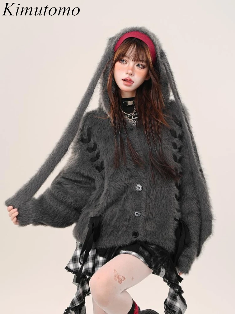 Kimutomo Harajuku Knitted Cardigan Women Hooded Single Breasted Loose Stretch Bandage Gothic Sweater Vintage Grunge Ladies Y2k