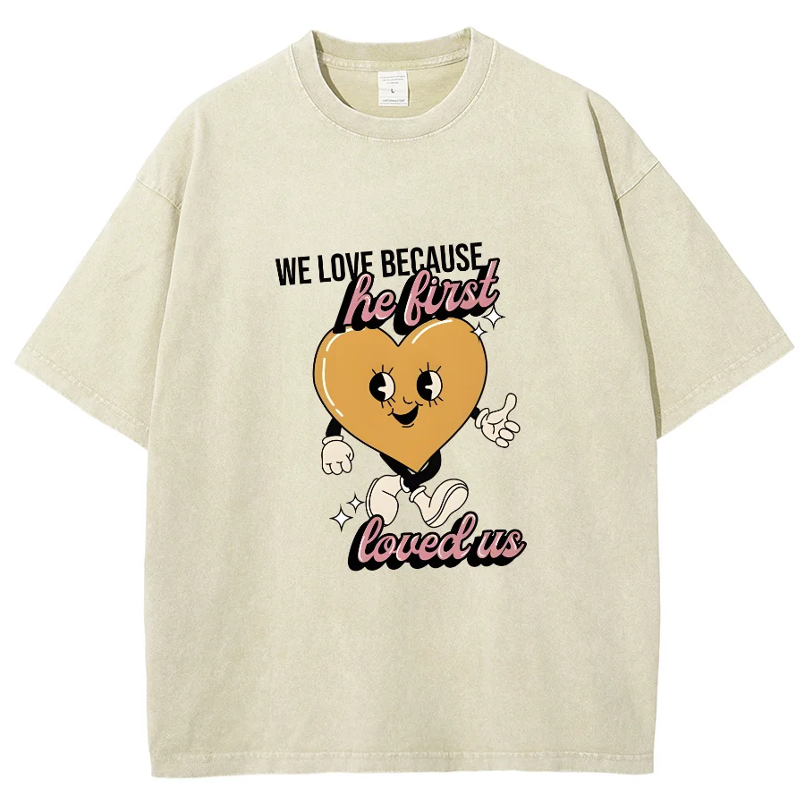God Loved Us Y2k Washed Short Sleeve T-Shirt, Cartoon Creative Printed Unisex Vintage Streetwear New Fashion Casual Plus-Size T