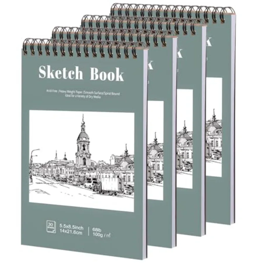 

4 Pack Small Sketch Books, 5.5 x 8.5 Inch Mini Sketchbook, 68lb/100gsm Spiral Bound Small Sketch Pad, Acid Free Art Supplies Dr