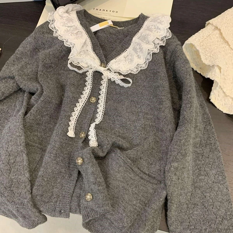 Sweet Doll Collar Lantern Sleeve Lace Cardigan Single Breasted Loose Lazy Minority Autumn Winter Sweaters Cute Knit Women Tops