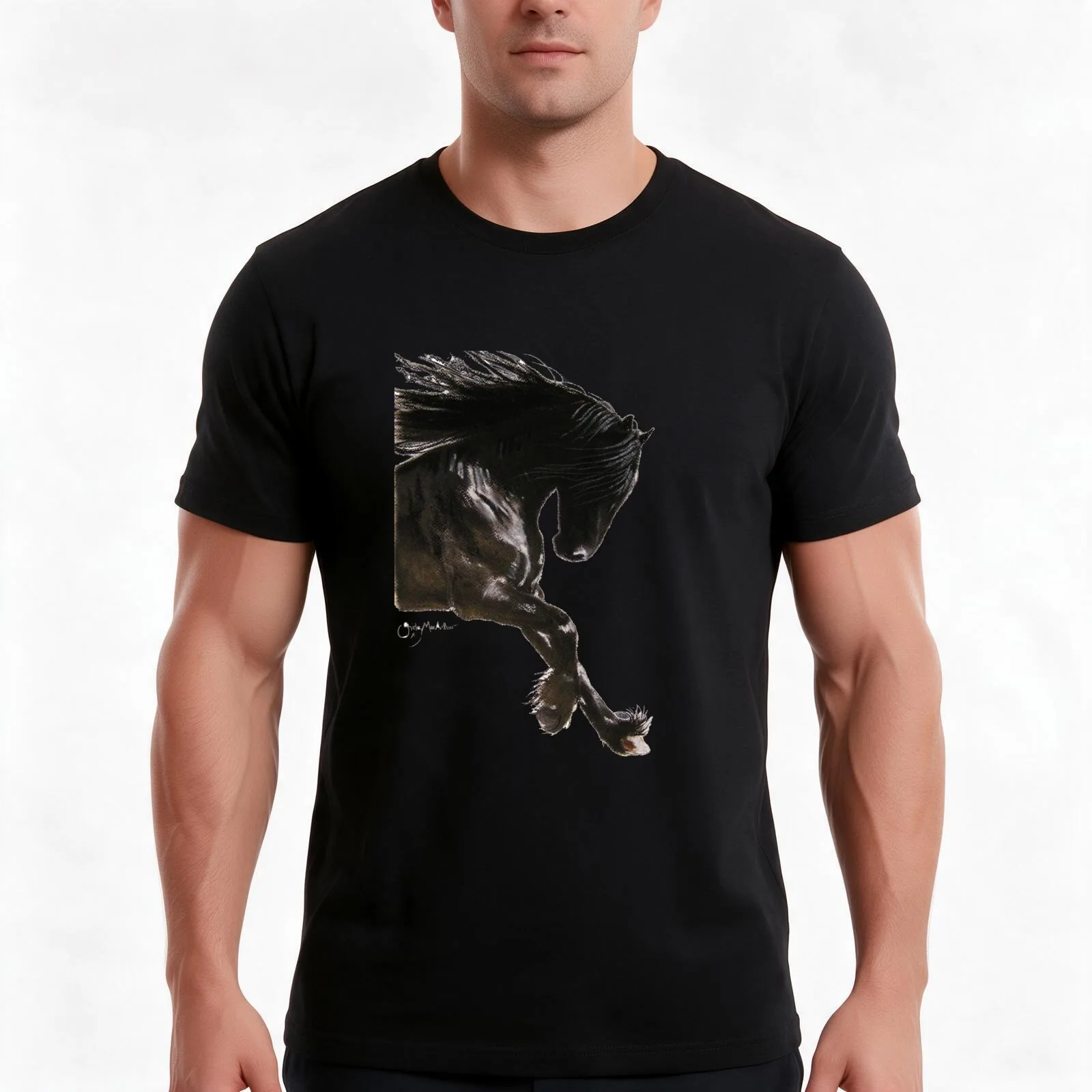 Horse PRiNT BLaCK FRieSiaN ' COOL DANCER ' by Shirley MacArthur T-Shirt, Summer Casual Cotton Tee, Oversized Streetwear Tops