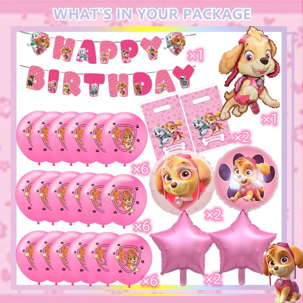 Pink PAW Patrol Skye Balloons Set Girls Birthday Party Decorations Baby Shower Kids Birthday Banner Gift Bag Latex Foil Balloon