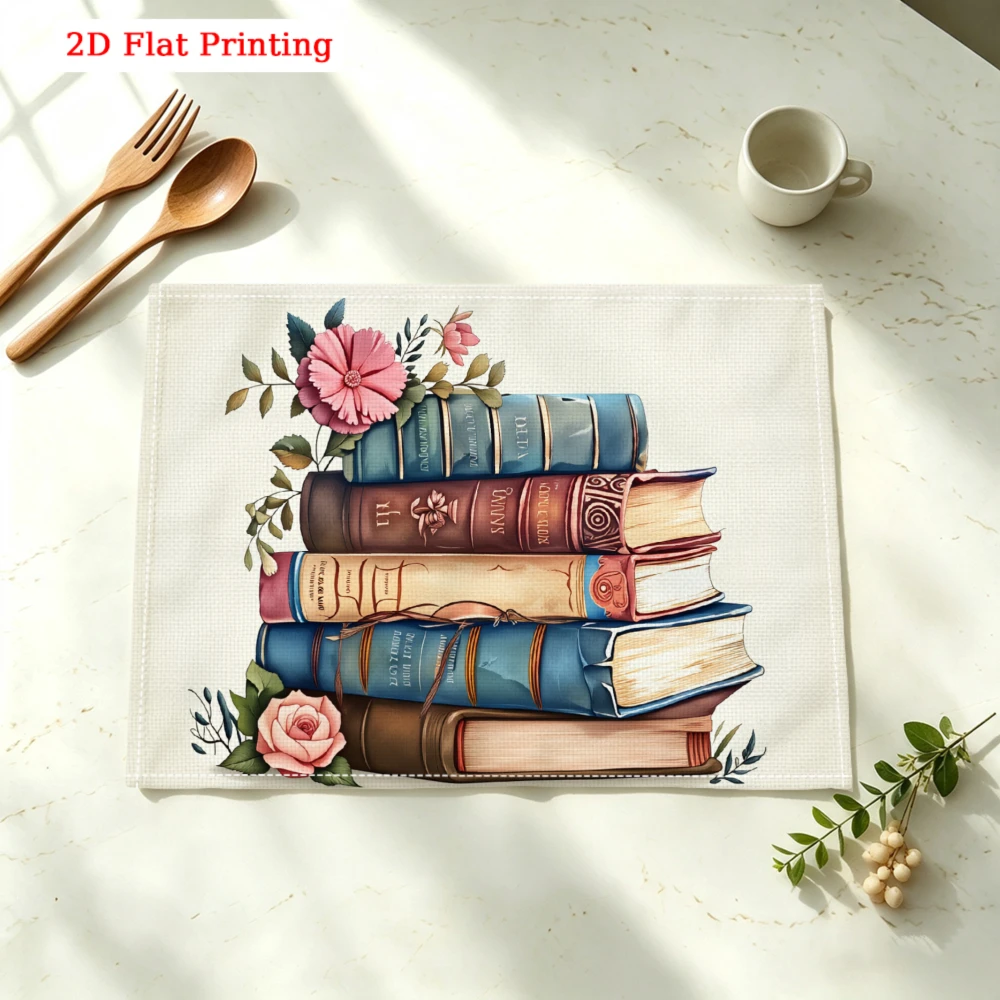 Stacked Books Floral Kitchen Placemat Stacked Books Floral Linen Pad Dish Coffee Cup Table Mat 1PC 30x40cm