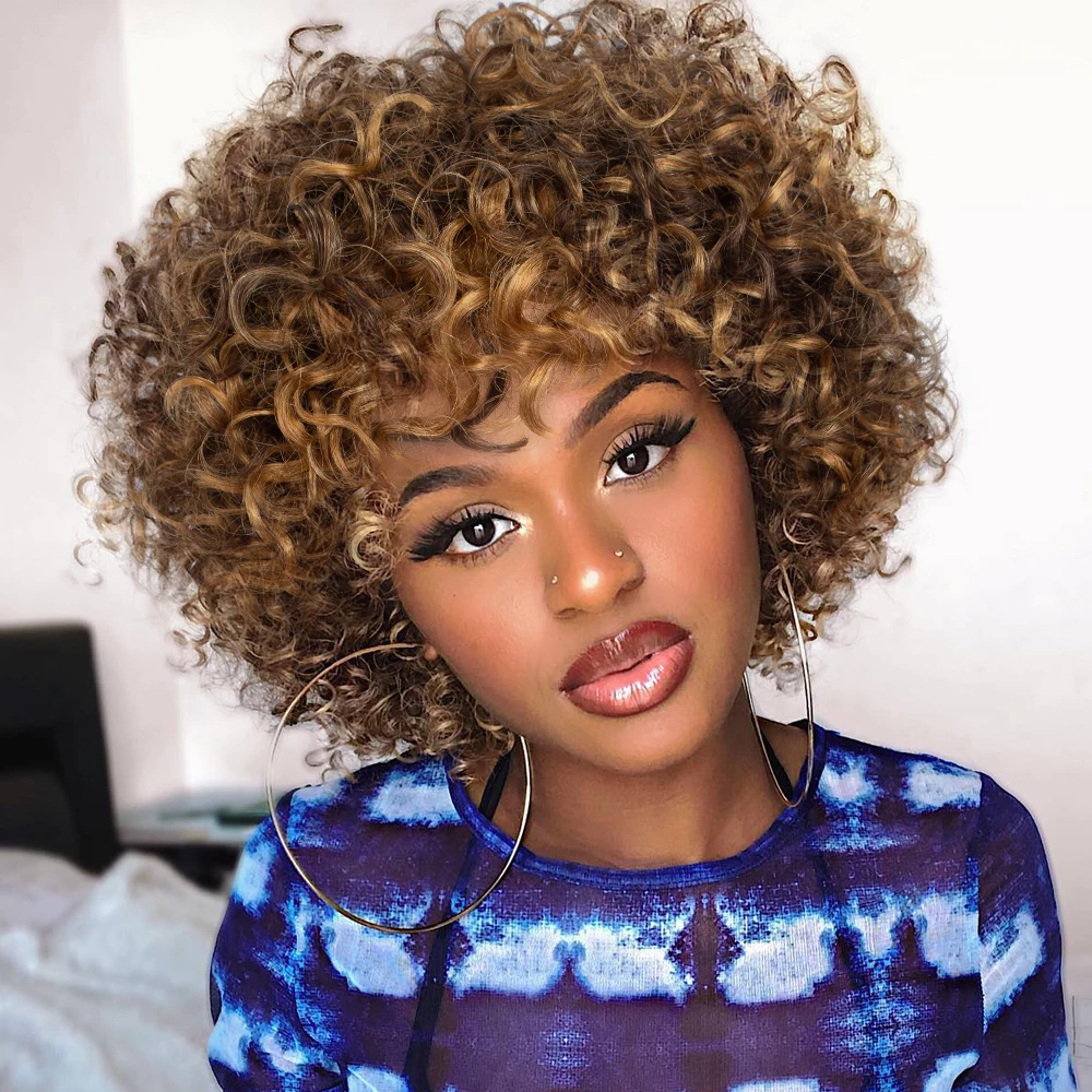 

Выделенный цвет Короткие курчавые вьющиеся парики с челкой для женщин 180 Плотность Mix Коричневый Полный машинный парик из человеческих волос Пушистый вьющийся парик