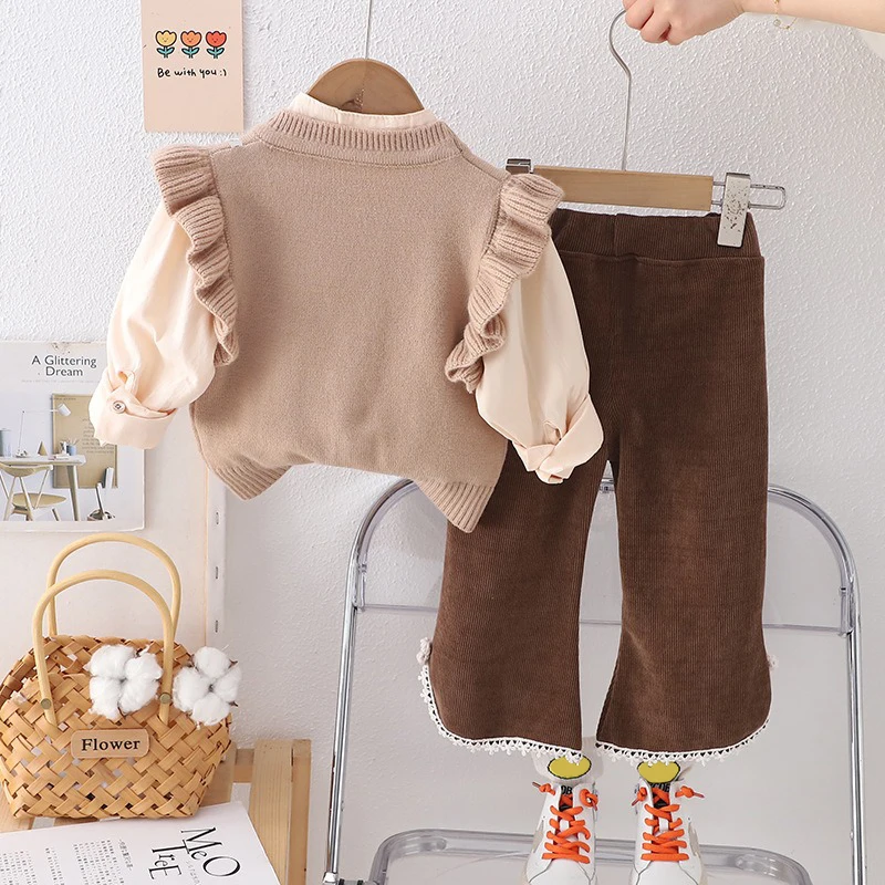 Children Clothing Sets Spring Baby Girls Knitted Lace Vest Shirt Pants 3 Pieces Suit Infant Bow Princess Clothes Kids Outfits