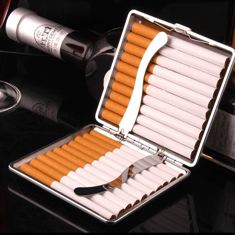 

20 Sticks Cigarette Case Leather Surface Storage Metal Box Men Smoking Accessories Leather Waterproof Cigarette Black Box