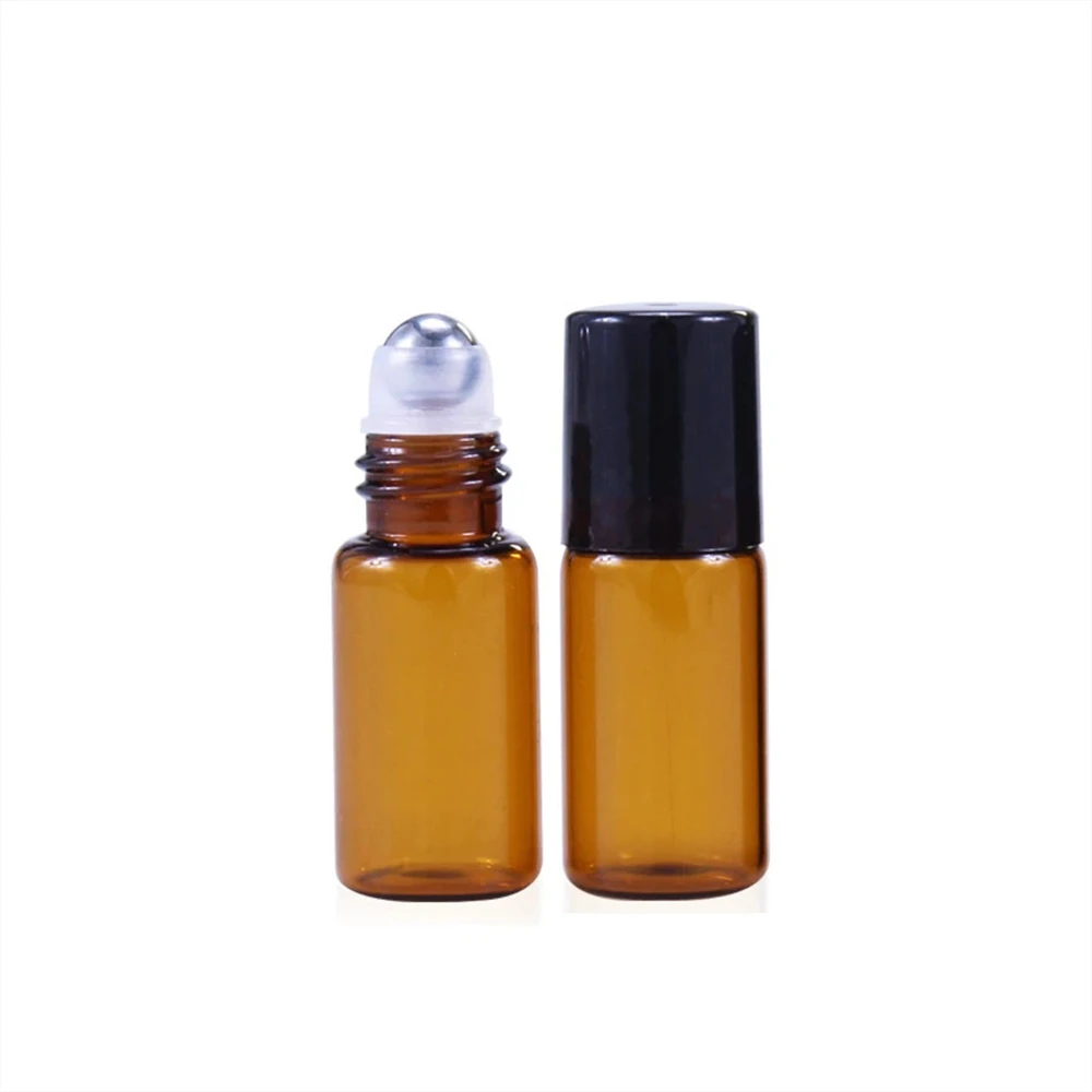 50pcs 1ml 2ml 3ml 5ml 10ml Amber Thin Glass Roll on Bottle Sample Test Essential Oil Perfume Vials with Roller Metal Ball