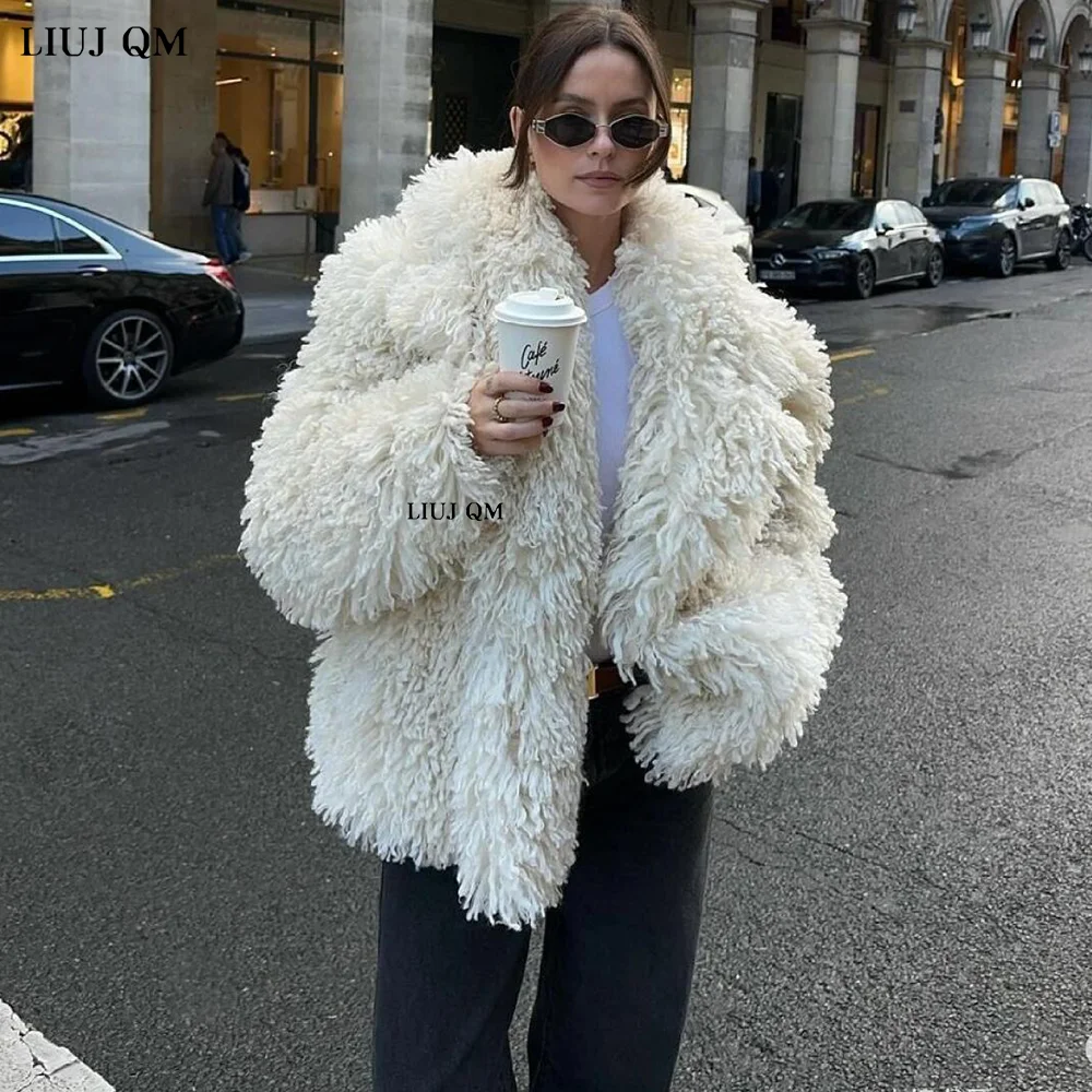 Autumn Winter Women Faux Fur Coat 2024 Fashion Lapel Warm Thicke Loose Casual Lamb Wool Outerwear Curly Hairy Fur Jacket Female