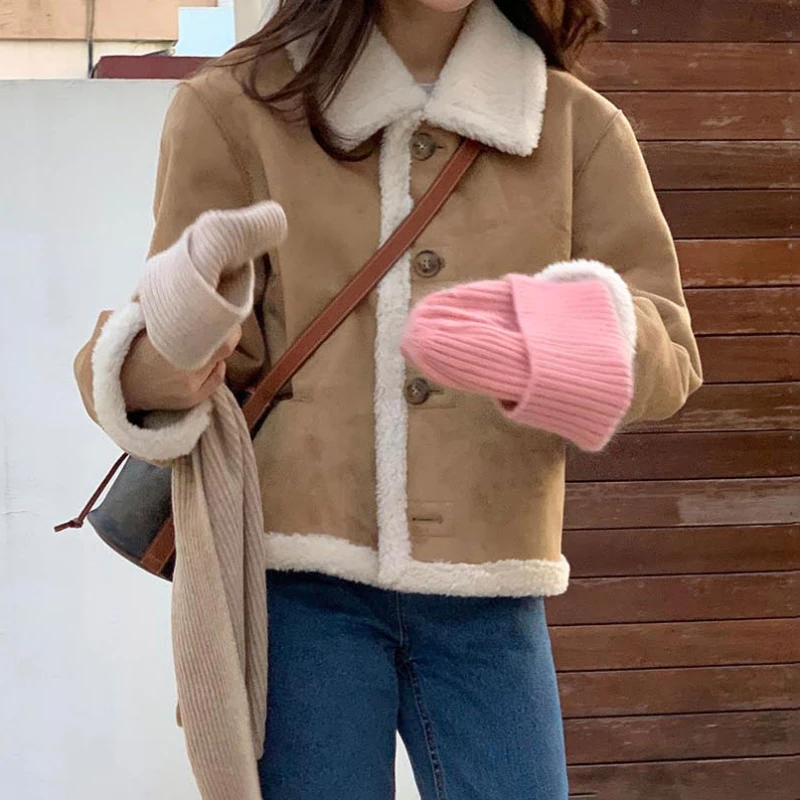 Women\'s Winter Warm Suede Jacket Short Coat Lambskin Overcoat Single Breasted Outerwear Stylish Tops Korean Style