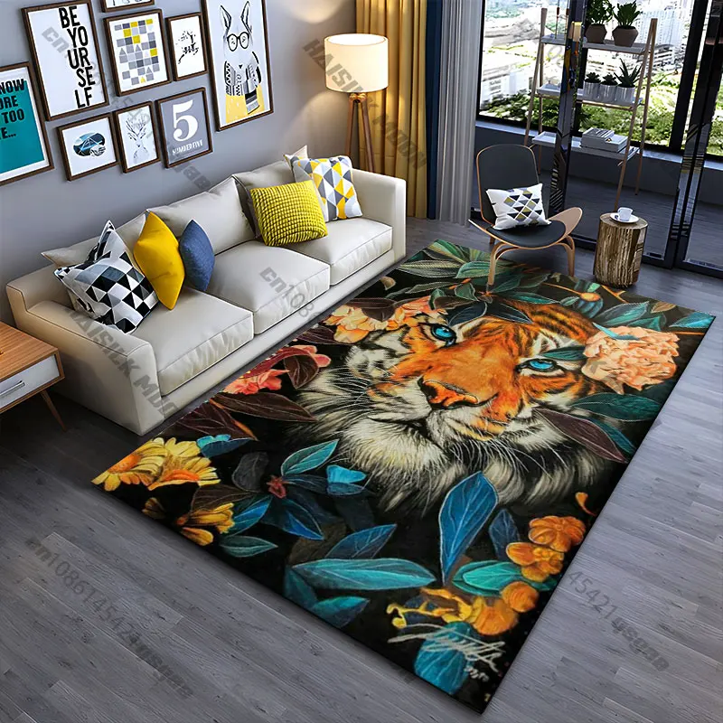 Tiger nature flowers vibrant contrast carpet Yoga living room room decor children's crawling mat doormat area rug