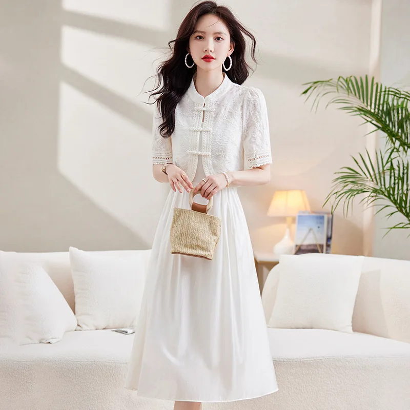 

2023 Improved Chinese National Cheongsam Set White Lace Dress and Coat Elegant Vintage Women Mid Long Dresses 2 Piece Qipao