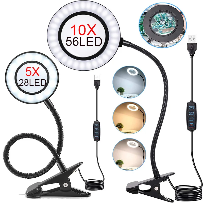 

5/10X Magnifying Glass with Clip 28/56LED Magnifier Lamp 3 Color Mode 10 Brightness Dimmer 360° Flexible Gooseneck Lights