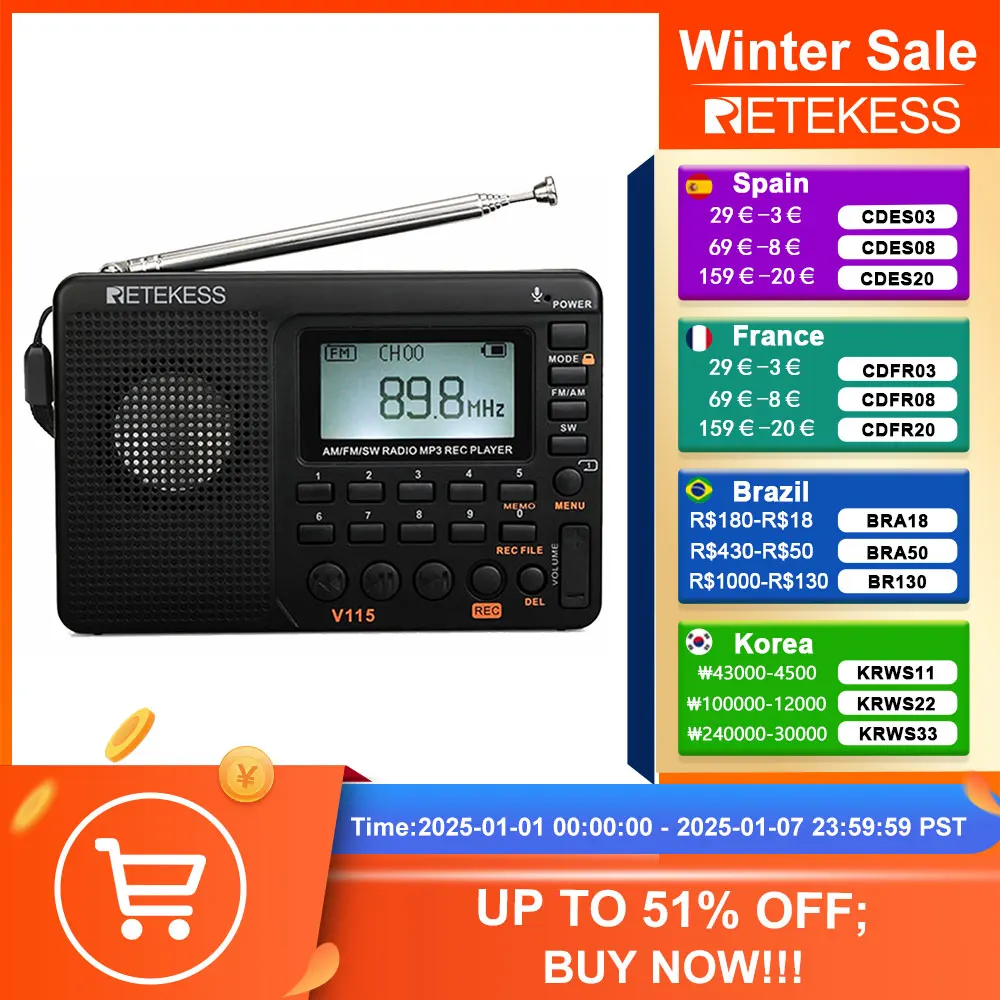 RETEKESS V115 Radio FM AM SW Portable Radios AM FM Rechargeable Shortwave Radio Battery Powered Full Waves USB Recorder Speaker