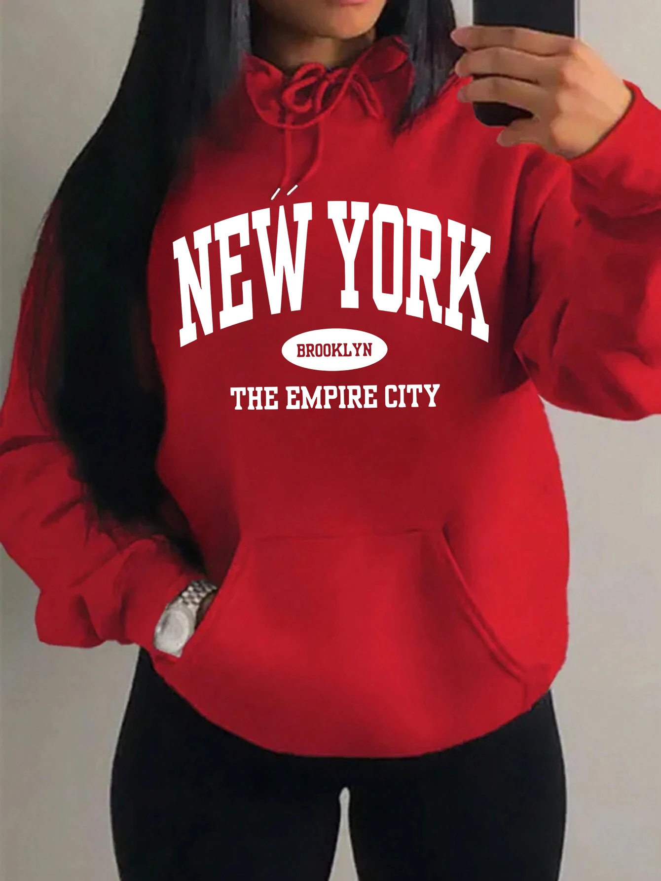 Creativo New York Brooklyn Stampa Felpe con cappuccio da donna Felpa con cappuccio in pile allentato All-Match Y2K Tasca abbigliamento Autunno Casual Streetwear