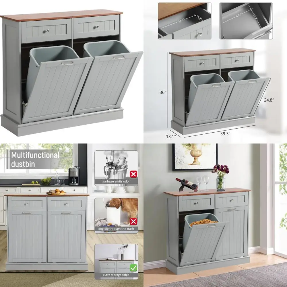 

Wooden Gray Kitchen Trash Can Cabinet with Double Hidden Can Storage, Free Standing Recycling Solution, Dog-Resistant Design