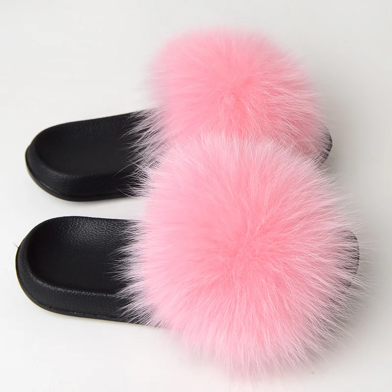 Real Fox Fur Slippers Women Fur Slides Indoor House Woman Flip Flops Beach Shoes Summer Woman Sandals PVC Sole