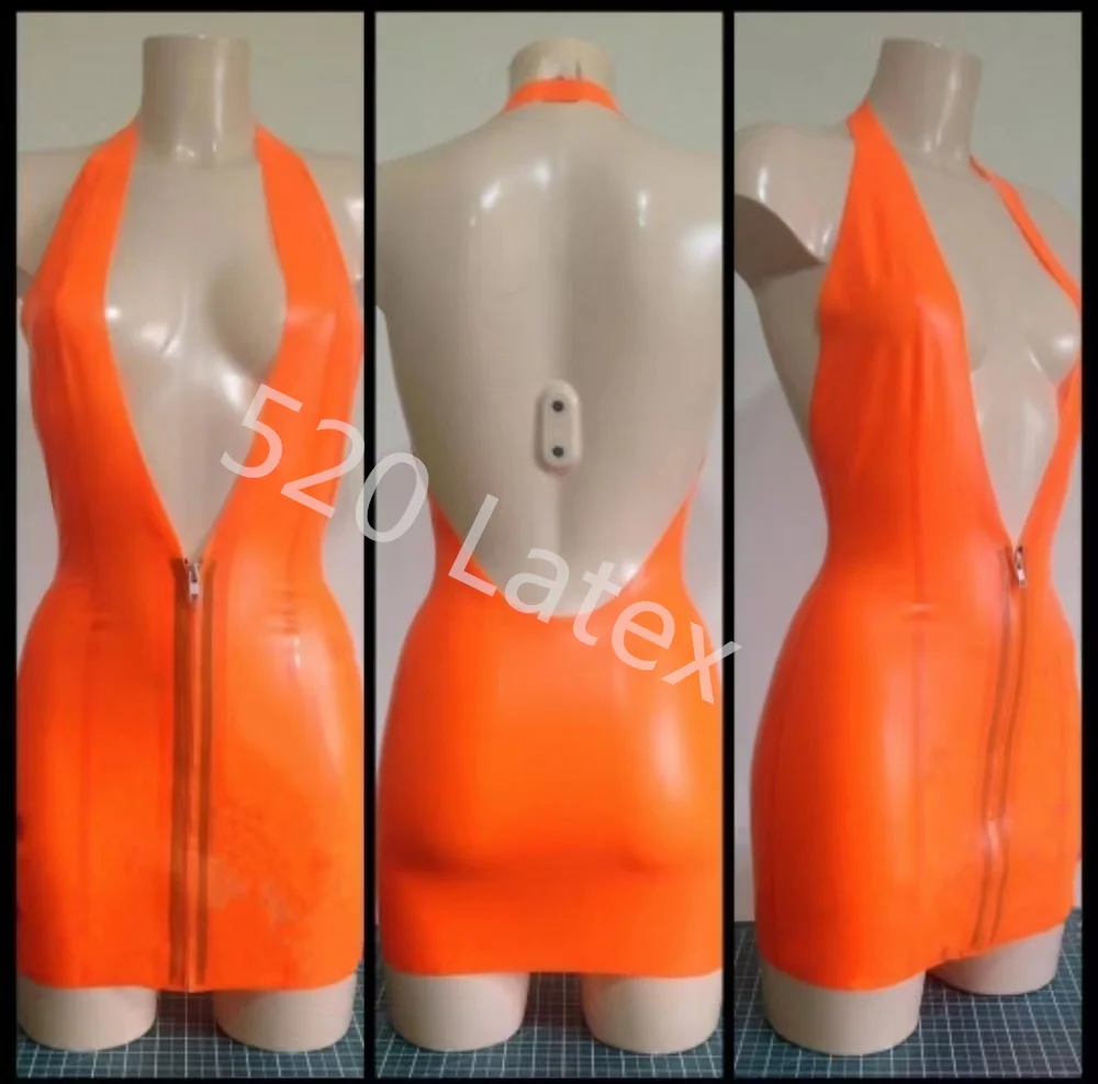 

Women Hot Sexy halter Dress Latex Lingerie Orange Latex rubber clubwear Skirt fetish mini dress Costumes