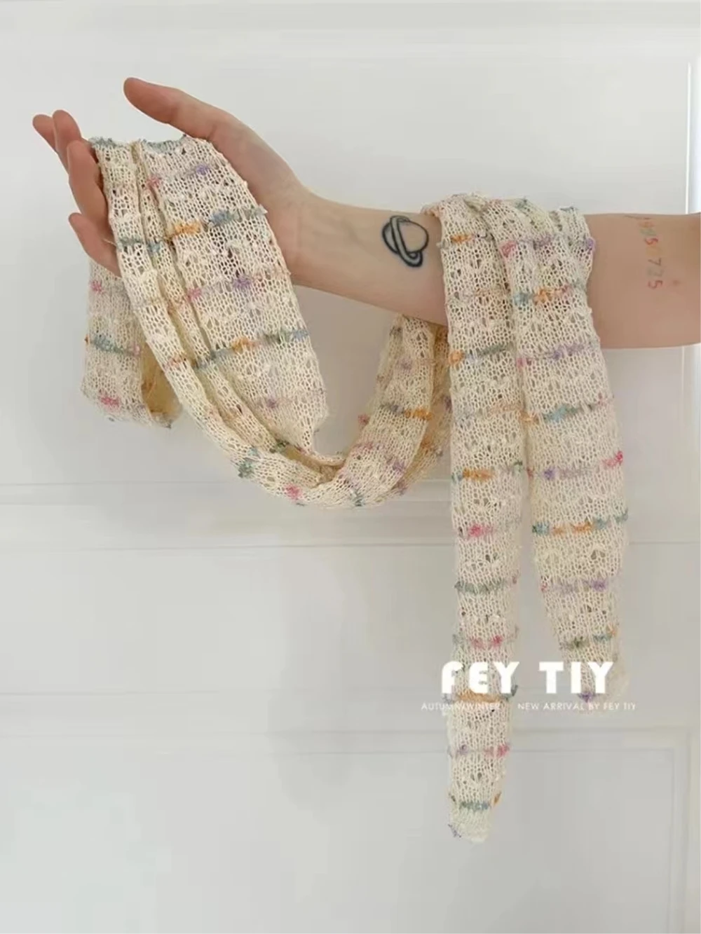 Korean Original Homemade Rainbow Beans Long Knitted Thin Scarf Hollow Silk Scarf Girl Y2k Decorative Thin Narrow Harajuku Scarf