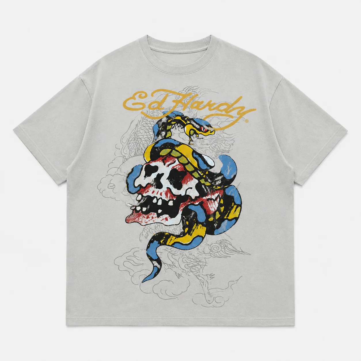 Ed Hardy Snake Coiled Blood Skull Dragon Cloud Outline Print T Shirt Unisex Loose Oversized Harajuku Streetwear Cotton Summer view 3
