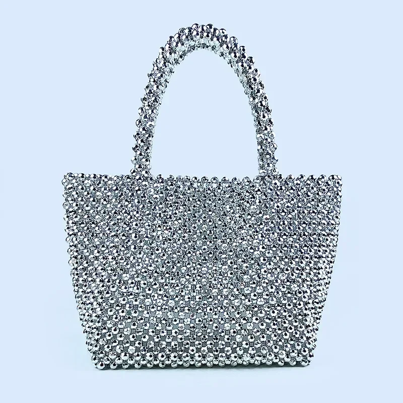 

Trend New Silver Acrylic Beaded Tote Bag Hand-woven Hollowed Out Design Women's Evening Bag Luxury Clutch Bag Female 2024