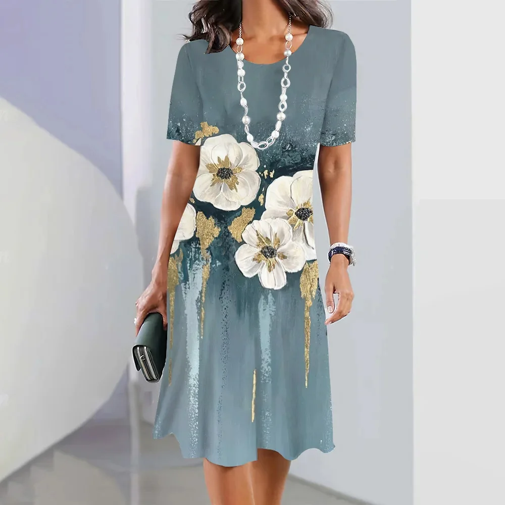 

Женское элегантное платье, винтажная одежда с цветочным принтом, свободное пляжное платье, летнее платье-трапеция с круглым вырезом, женское платье в стиле ретро
