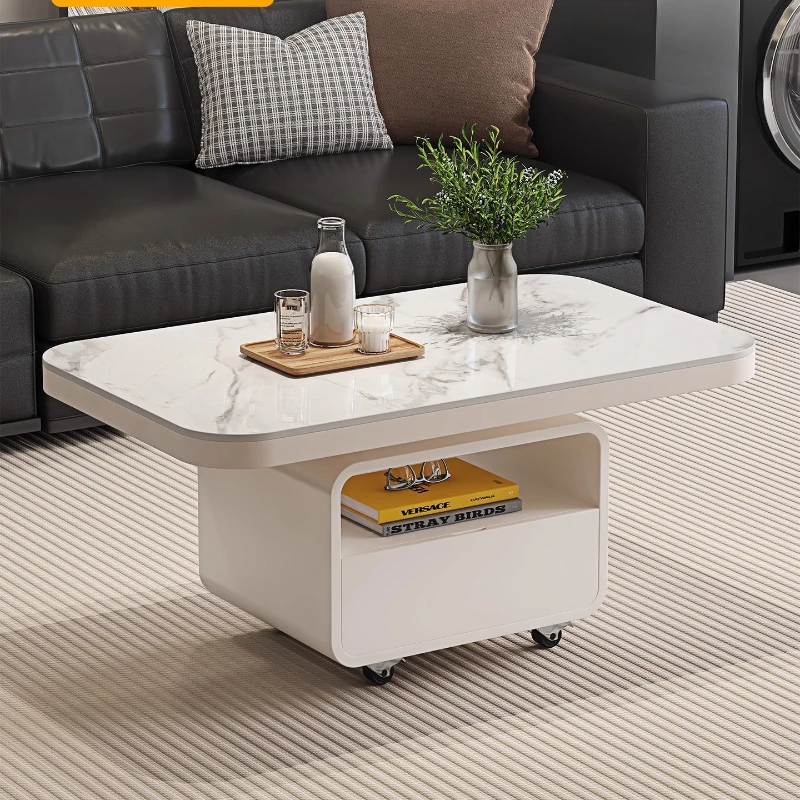 

French cream wind movable rock slab coffee table modern simple household living room small apartment rectangular storage