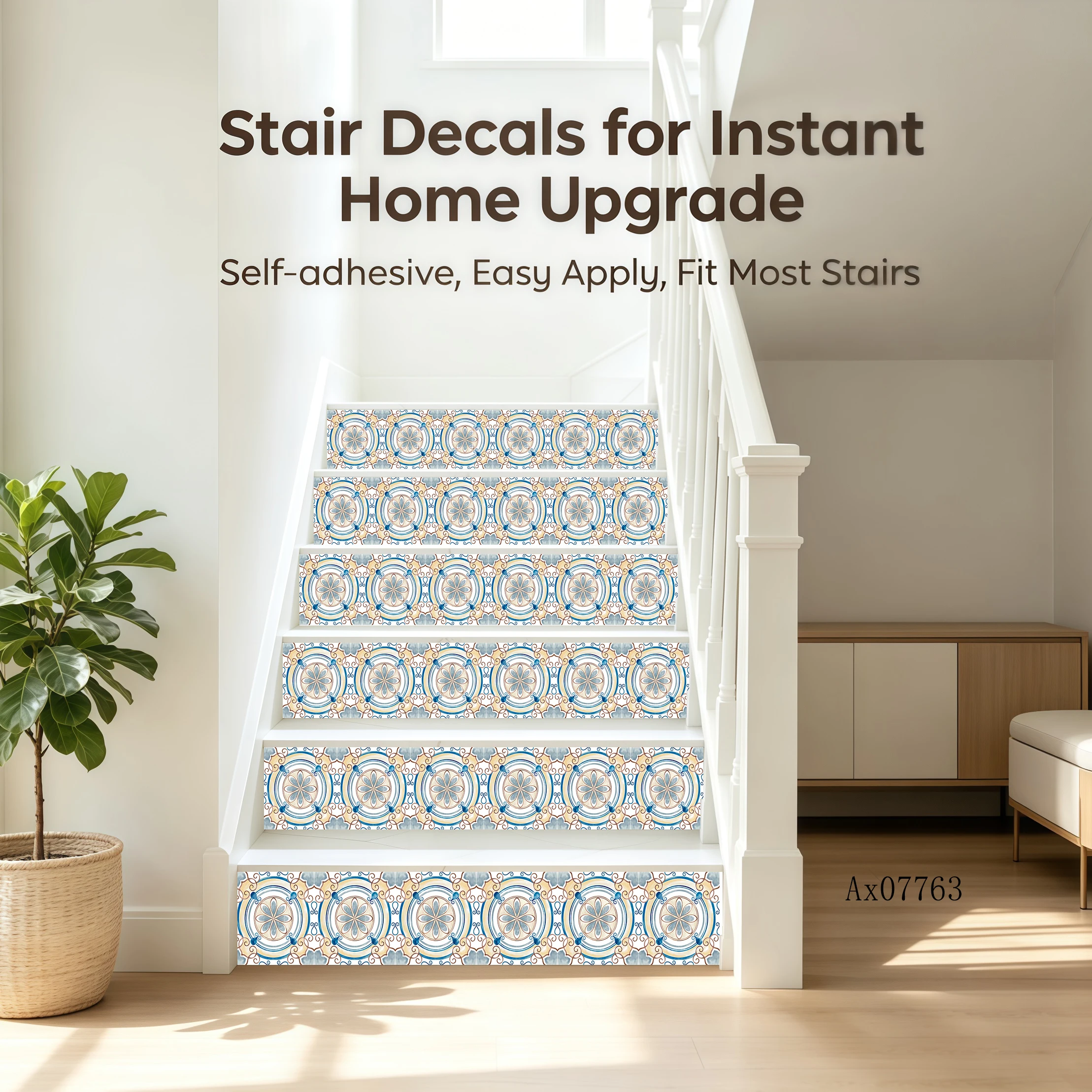 Blue White Porcelain Geometric Tile Wall Border & Stair Riser Sticker Kitchen Backsplash Stove Top Cabinets DIY Home Renovation