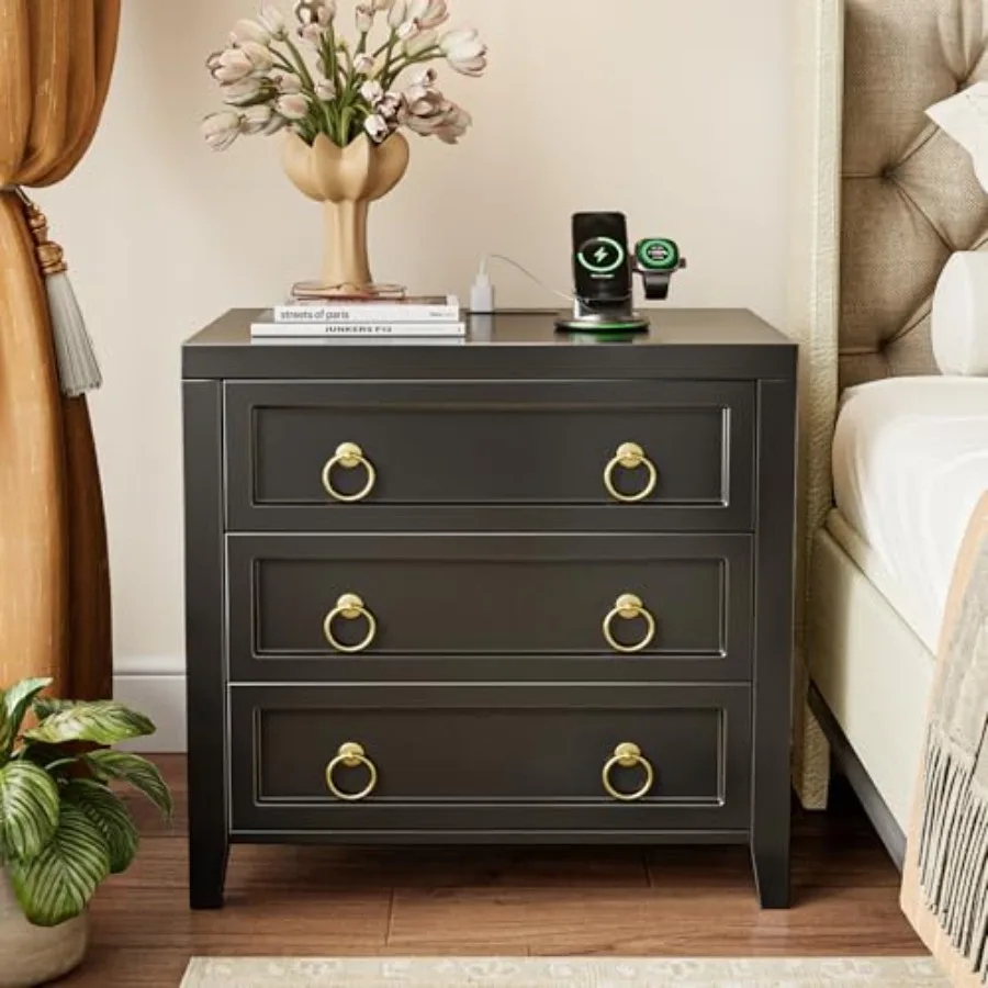 23.6 Inch Night Stand with Charger Station and USB-C Port 3-Drawer Bedside Table Larger Wider Modern Side End Table for Bedroom