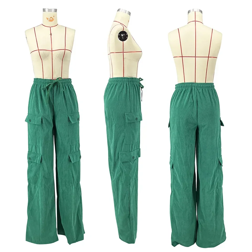 Women Fashion Pocket Side Straight Wide Leg Safari Style Pants Drawstring Summer Velvet Zipper Fly Cargo Trousers