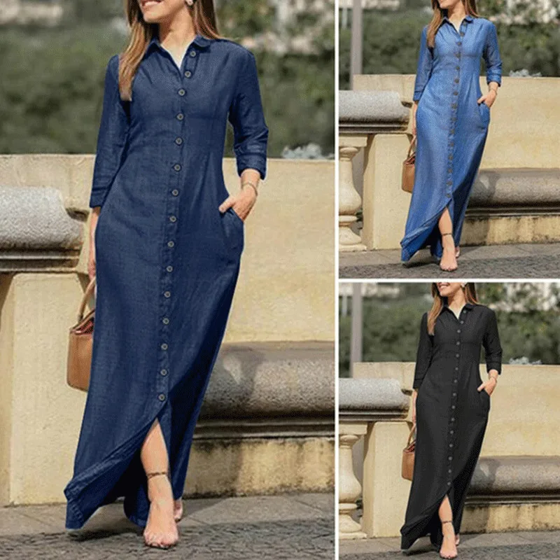 

Autumn Winter Women's Shirt Collar Denim Button Long Dress Fashion Elegant Party Dresses for Women 2023