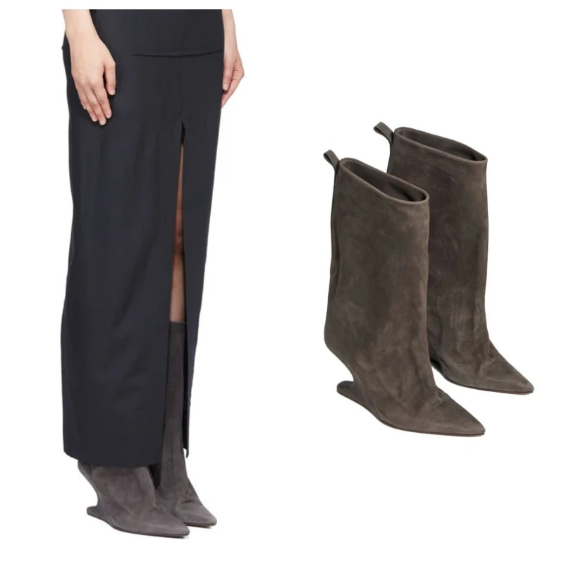 

European and American Retro Pointed Toe Wedge Fashion Runway Calf Boots, Women's Sleeve Oversized Versatile Black Banquet Shoes