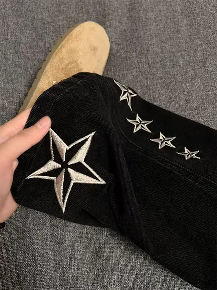 

American High Street Star Embroidery Knife Jeans Washed Black Slim Straight Leg Male Version Fashionable Casual Pants