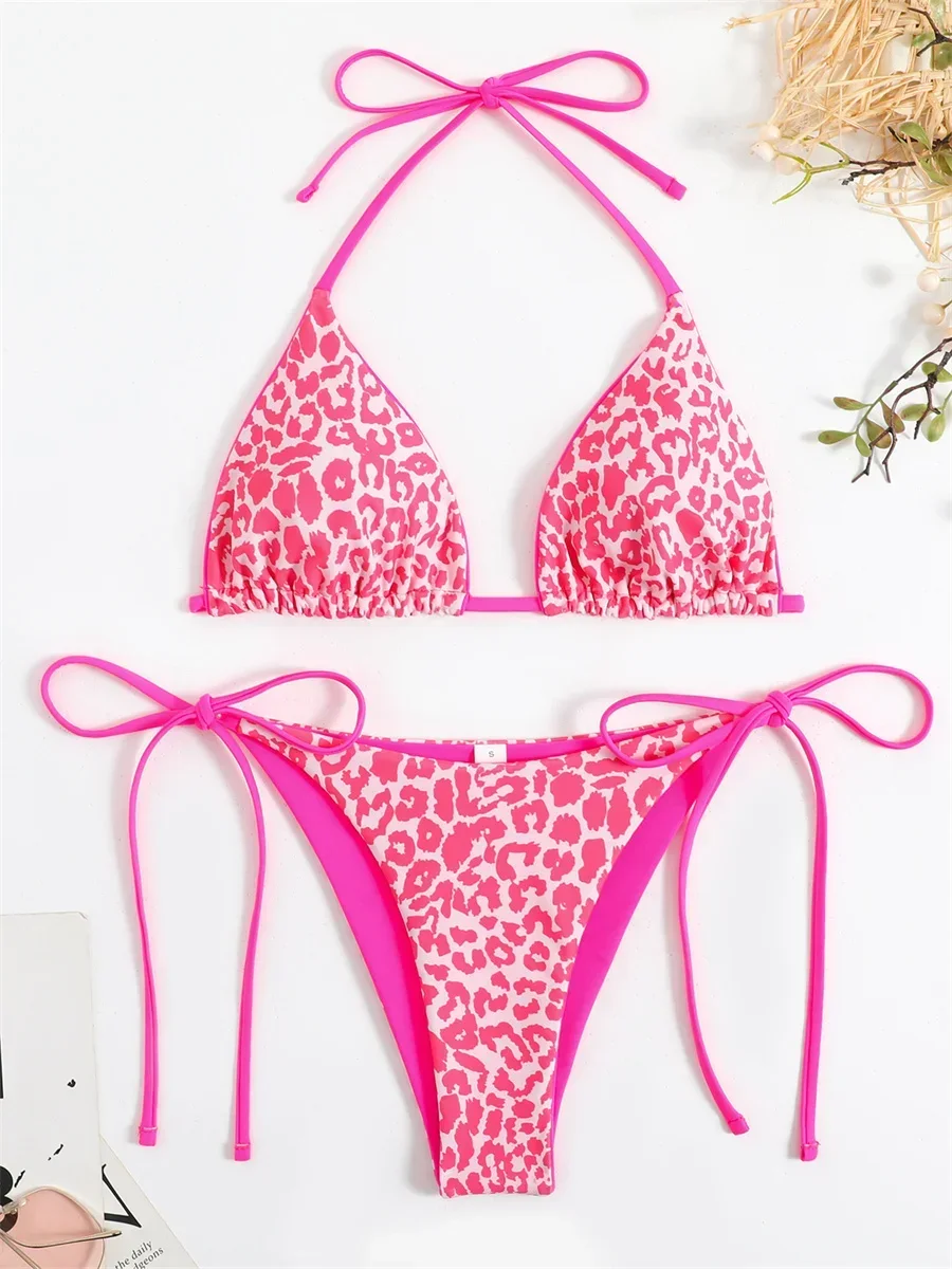 Sexy Micro Bikini 2024 Women Pink Leopard Print Neon Double Side Push Up Swimsuit Brazylijski strój kąpielowy plażowy Stringi Stroje kąpielowe