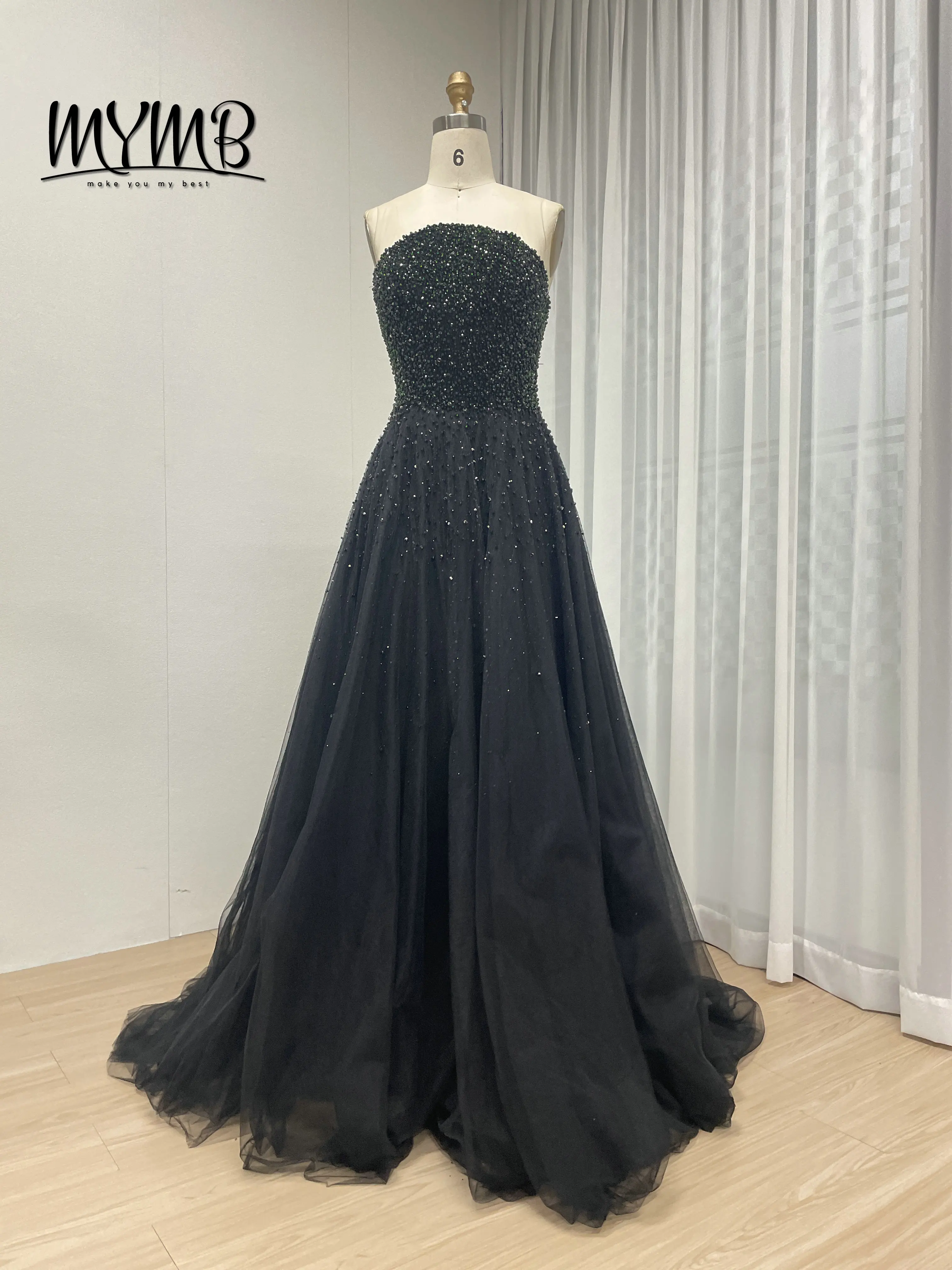 MYMB Luxury Couture Handmade Evening Gown for Women Stylish Diamond Embellished Top With Detachable Cap Formal for Party MB40306