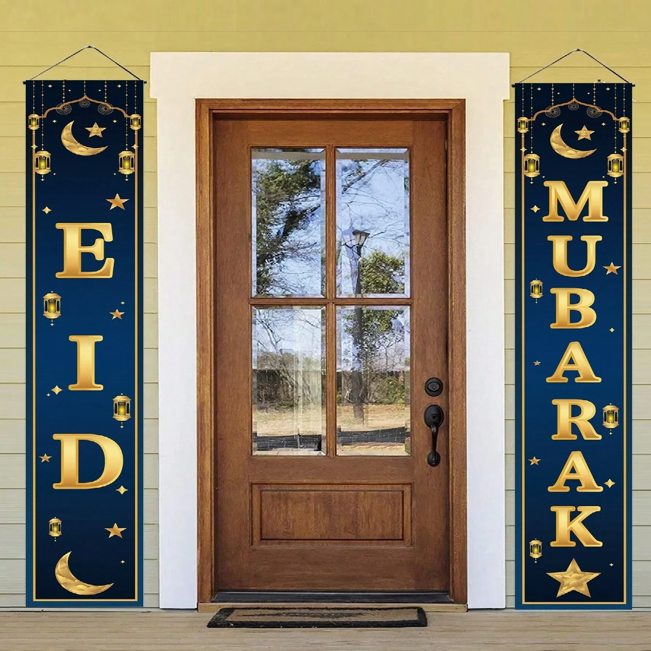 1 Pair Eid Mubarak Eid Al-Fitr Couplet Door Flags Blue and Gold Star and Moon Lantern Decoration Hanging Flags Muslim Festival Party Entrance Decoration Banners