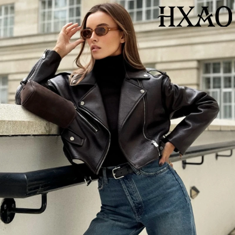 

HXAO Куртка из искусственной кожи Верхняя одежда Демисезонное коричневое укороченное пальто с длинным рукавом Женская мотобайкерская куртка на молнии Короткие пальто