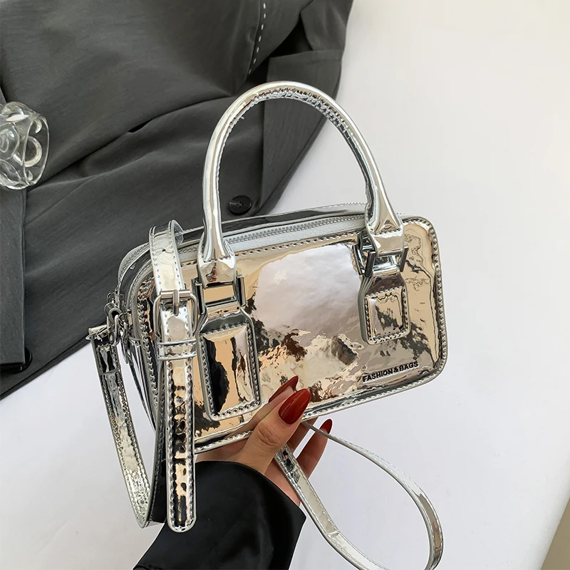 Silver Shoulder Bag For Women 2024 Summer Mini Small Phone Purse Glossy Pu Leather Crossbody Bag Luxury Brand Female Handbags